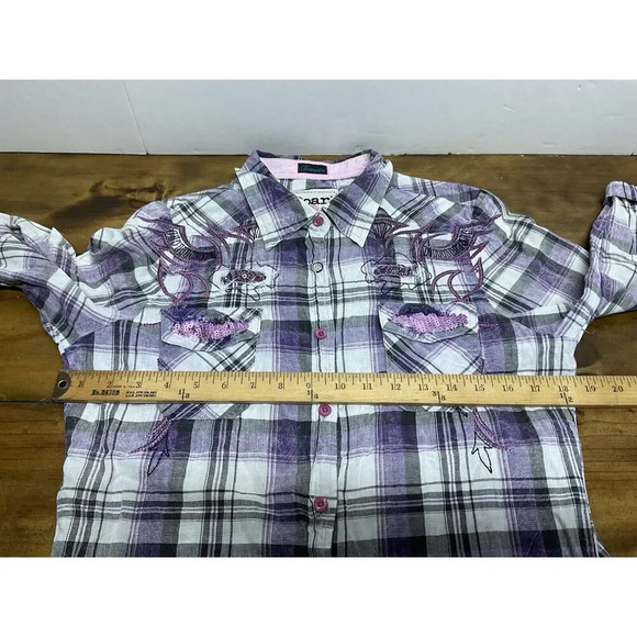 Roar Woman Western M Button Up Long Sleeve Blue Purple Embroidered Stretch Shirt - Picture 4 of 11